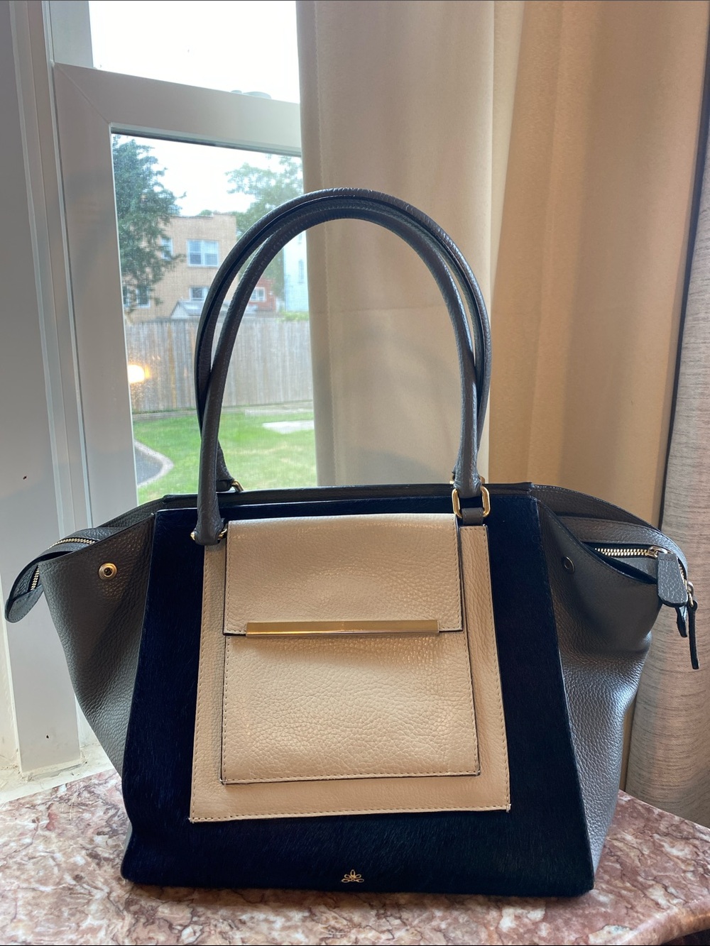 Milli Millu London Genuine Leather Haircalf Bag Handbag Gray /Navy Large